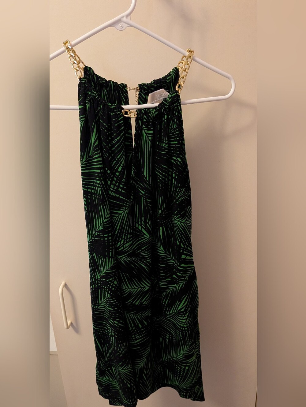 Michael Kors Green Palm-Print Slip Tunic with Gold Chain Straps